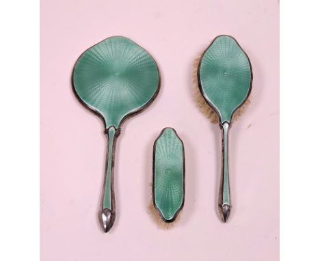 Art Deco silver and green guilloche enamel dressing table set, hallmarked Birmingham, 1930, makers marks for W.G. Sother's Lt