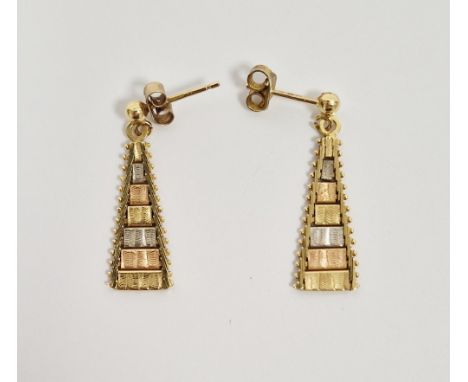 Pair 18ct tricolour gold earrings, the tapered pendant drop with bands of matt three-colour gold, 4g total approx.&nbsp;