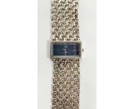 Lady's silver Omega De Ville wristwatch&nbsp;with manual wind movement, with bluey-grey dial, on original Omega silver mesh b