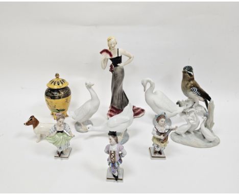 Collection of Nao porcelain models of ducks, a Karl Ens model of a jay perched on a tree stump, a Carltonware pot pourri vase