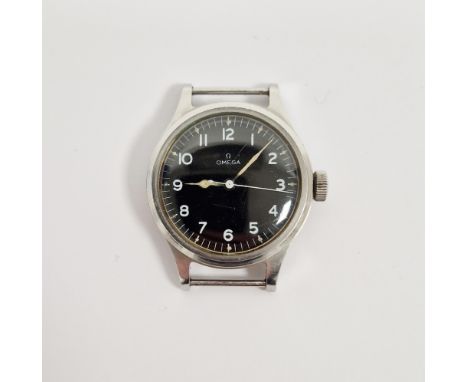 WWII Omega Air Ministry Pilot's wristwatch, with manual wind movement, black dial and Arabic numerals denoting hours, militar