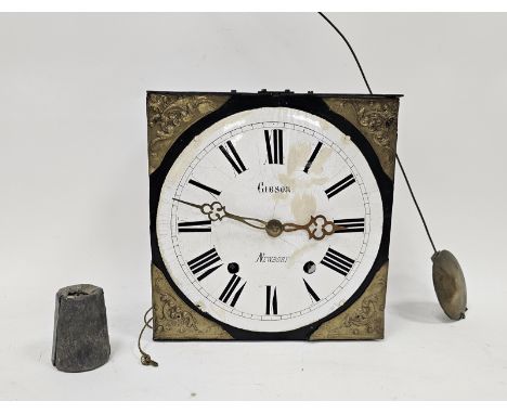 19th century weight driven wall clock&nbsp;of square form, the white painted convex dial signed Gibson, Newbury has brass mou