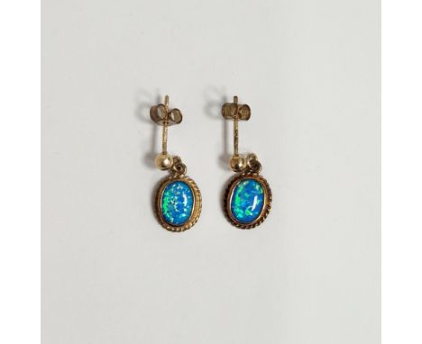 Pair 9ct gold synthetic opal drop earrings, oval&nbsp;