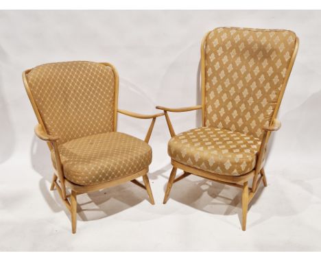 Ercol blonde "Windsor" beech framed high-back easy chair,&nbsp;possibly model 478, with upholstered loose seat cushions, on s