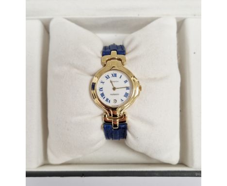Zenith Via Veneto lady's gold-plated wristwatch, the dial having blued Roman numerals denoting hours with date window at the 