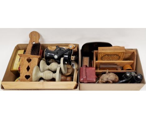 Assorted collectables to include a vintage table mincer, a card decorated Easter egg, pair of Paragon field glasses, a wooden