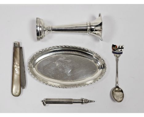 A collection of silver objects, including a silver propelling pencil, by Sampson Mordan &amp; Co; a silver and mother of pear