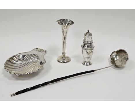 Georgian silver toddy ladle&nbsp;with baleen twist handle,&nbsp;a silver scallop-shaped butter dish, a silver pepper shaker a