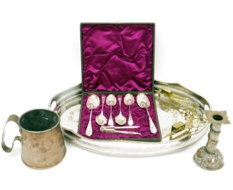 Cased set of Victorian EP spoons and nutcracker in a silk lined box; a copper mug; candlestick; two brass candle snuffers; an