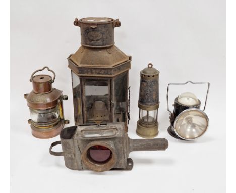 Various vintage lamps - to include a Miner's lamp, a ship's lantern, railway lamp , handheld, a Bulpitt &amp; Sons oil lamp a