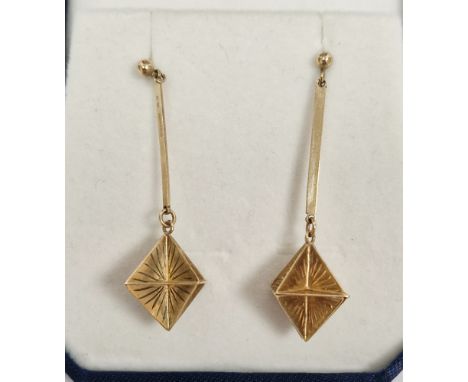 Pair 9ct gold pendant drop earrings, having trapezoid panel drop on plain bar, approx 3.7g