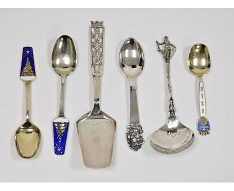 A collection of various Scandinavian silver-coloured spoons, including a David Anderson enamelled spoon inscribed 'Oslo'; a p