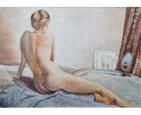 O. W. Dale (20th century) Watercolour Female nude seated on a bed, signed and dated '85 lower right, framed and glazed, image
