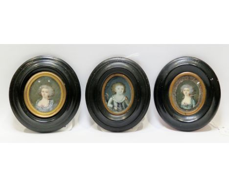 Three late 18th French School portrait miniatures on ivory Each in watercolour on oval ivory plaque, depicting two young ladi