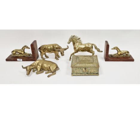 Various brass items to include a pair of bookends fitted with brass models of&nbsp; greyhounds, two brass oxen, a brass model