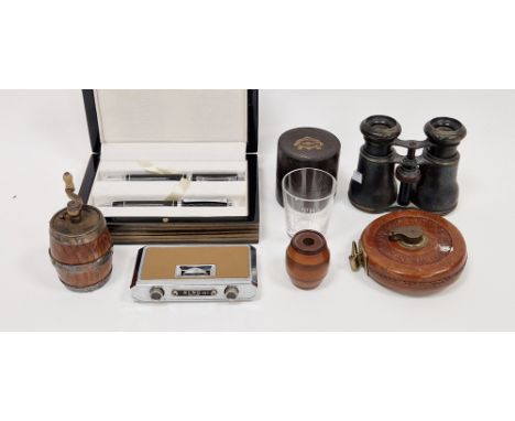 Vintage leather cased tape measure&nbsp;marked 'Dean Maker London', a cased medicine glass&nbsp;'Minimum Measure', a pair of 