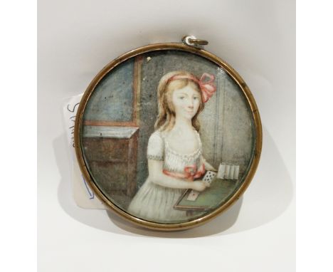 Late 18th/early 19th Century French School Portrait miniature of a young lady playing cards watercolour on ivory, indistinctl