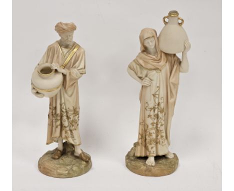 Late 19th century pair of Royal Worcester blush ivory figures of Middle Eastern water carriers, printed green factory marks, 