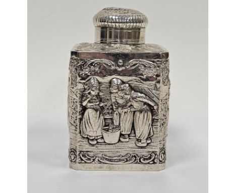 Dutch silver-coloured metal tea caddy, square-section, the domed cover with picture of boy beside well, foliate scrolls, deco