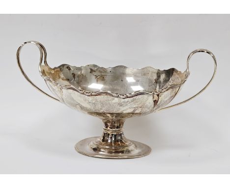 George V silver twin-handled boat-shaped fruit bowl&nbsp;with wavy rim, on oval pedestal base, Sheffield 1928 by Atkin Bros, 