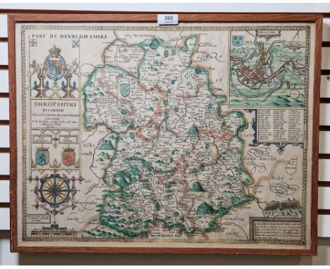 John Speed Hand-coloured engraved map "Shropshyre Described, The Sittuation of Shrowesbury Shewed with the Armes of those Ear