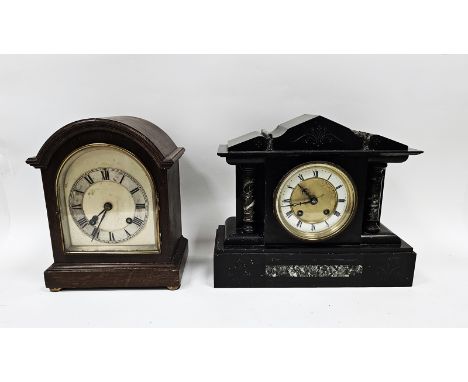 Arched dial and cased mahogany mantel clock, silvered chapter ring with roman numerals, the brass plate movement stamped WHR,