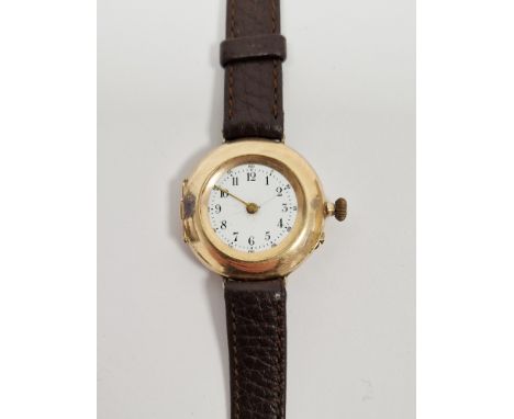 Early 20th century 14ct gold cased wristwatch, the enamel dial with Arabic numerals denoting hours, the outer case marked 585