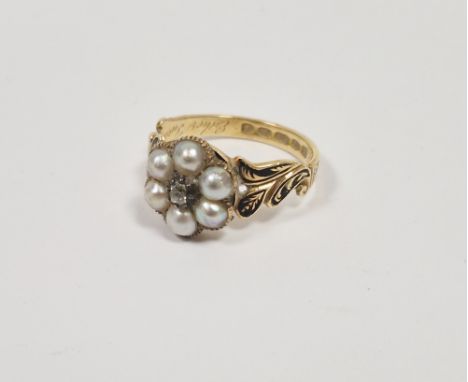 Victorian 18ct gold, pearl, diamond and black enamel memorial ring, the daisy head set central small old cut diamond surround