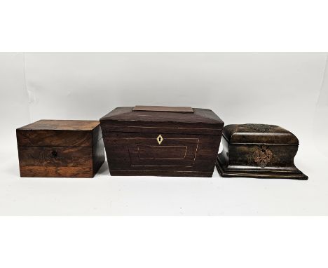 Mahogany and boxwood banded sarcophagus-shaped tea caddy, 28cm x 19cm x 16cm, a waisted burr walnut domed topped tea caddy&nb
