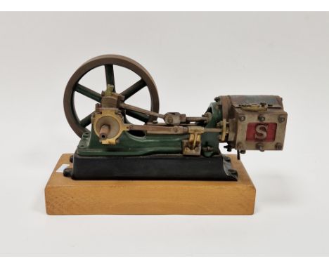 Model, stationary single cylinder steam engine&nbsp;by Stuart, on a wooden base, 20cm long