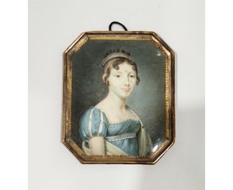 Late 18th/early 19th Century French School Portrait miniature of a lady in watercolour on ivory In Empire dress, inscribed an