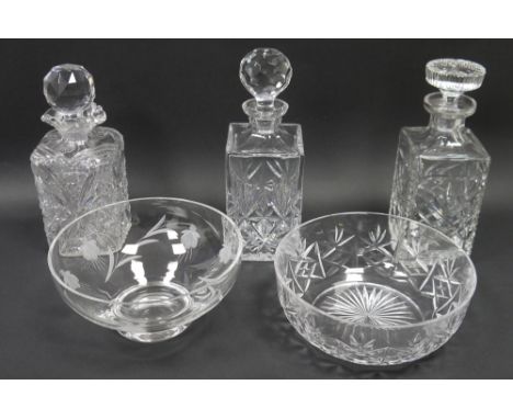 Victorian square-section cut glass spirit decanter and faceted stopper, the decanter engraved with numeral 3 above a large fo