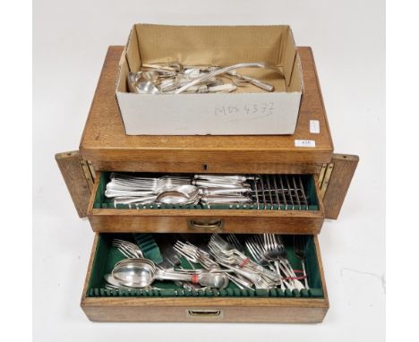 Oak canteen of EPNS cutlery&nbsp;with a hinged top and two drawers enclosing setting for approximately eight and other flatwa