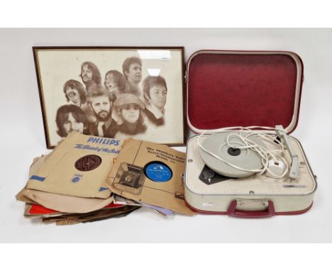 Portable record player&nbsp;marked 'Fidelity', with inner red and cream carry case, a framed print of The Beatles, assorted 4