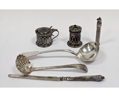 William IV silver sauce ladle, fiddle pattern, crested, London 1830, a Victorian silver sugar casting spoon&nbsp;with scallop