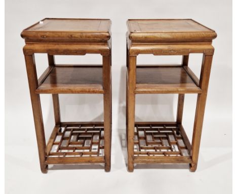 Pair of Chinese Longyanmu (tiger-skin wood) side tables, each of square form with stylised carved decoration, with single she