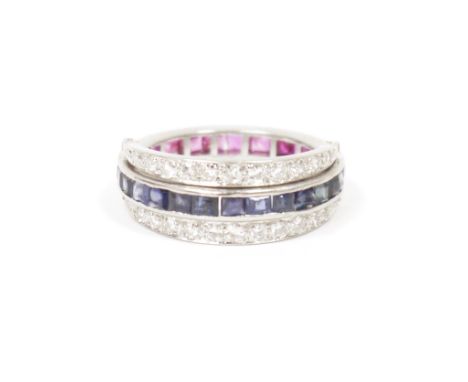 White metal, diamond, ruby and sapphire ring, each half hoop of sapphire or diamond flanked by two hinged half hoops of diamo