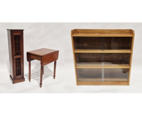 20th century oak display cabinet, three-tier, each shelf with two sliding glass doors, 92cm high x 91cm wide x 22cm deep, a w