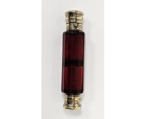 Victorian double-ended scent flask&nbsp;by S Mordan &amp; Co, the faceted ruby glass body with an engraved screw-off cover to