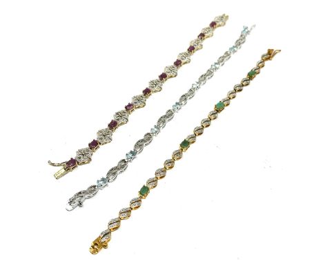 Three silver stone set bracelets including emerald and ruby (36g) 