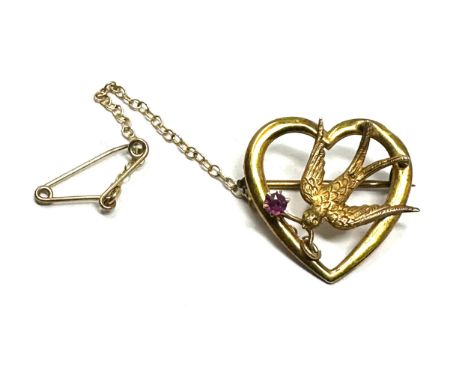 9ct gold antique ruby bird heart shaped brooch (1.9g) 