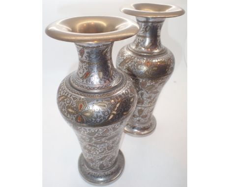White metal and brass Oriental vases with enamel decoration