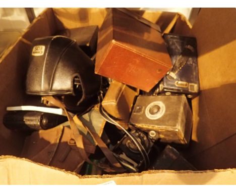 A box of vintage cameras including boxed cameras cine camera and Kodak examples
