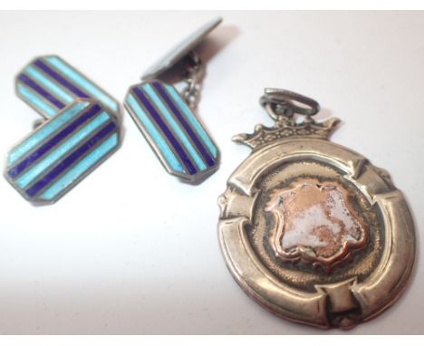 Pair of enamel and 925 silver gents cufflinks and a silver fob 