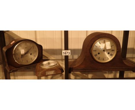 Two mantel clocks including a Smiths example and a small oak barometer