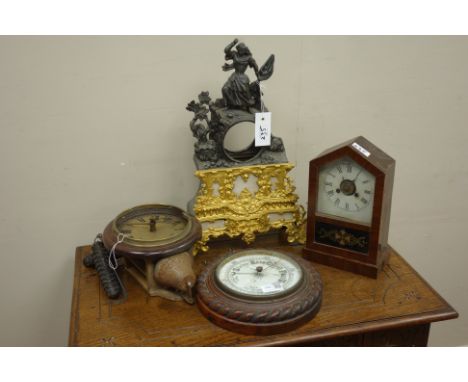 Late 19th century circular mahogany cased postman's alarm clock, circular rope twist aneroid barometer, small American rosewo