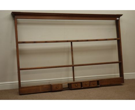 18th century oak three height wall hanging delph plate rack, with spice drawers, W191cm, H122cm, D15cm   Condition Report   C