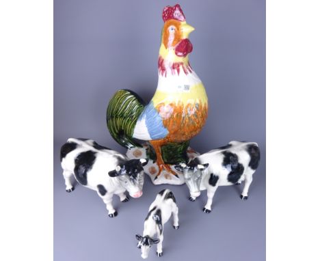 Large pottery Cockerel and a group of Melba Ware cow, bull and calf (4)   Condition Report   Click here for further images, c