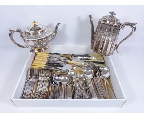 Victorian Walker & Hall silver-plated teapot, similar Walker & Hall coffee pot, silver-plated cutlery and other flatware in o