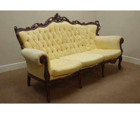 Italian style ornate carved beech framed three seat sofa, W204cm, H105cm, D85cm   Condition Report   Click here for further i